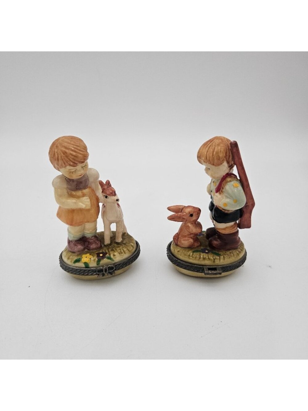 Vintage Boy With Rabbit & Girl With Fawn Figurine Trinket Boxes